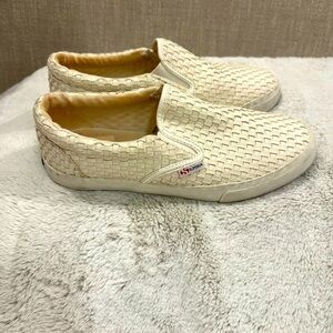 Superga Cream Leather Woven Slip Ons Size 8